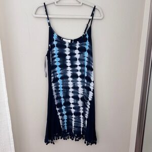 Beach Break Tie Dye Dress Sleeveless Casual‎ Tassel Hem Blue White L